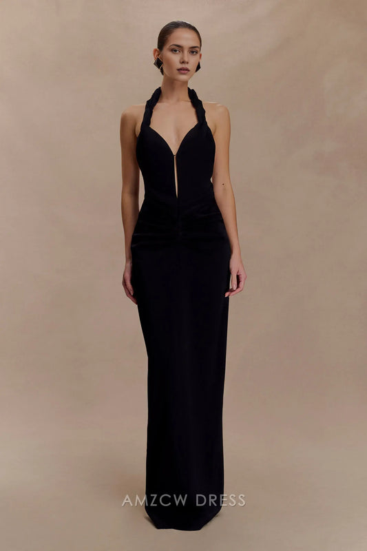 Elegant Halter Neck Plunging V - Neck Maxi Dress with Open Back Prom Dress