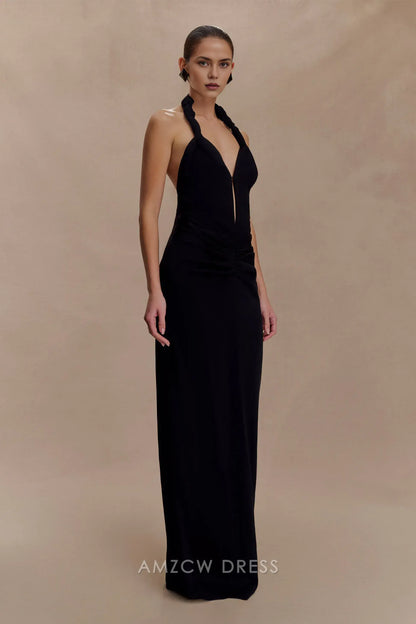 Elegant Halter Neck Plunging V - Neck Maxi Dress with Open Back Prom Dress