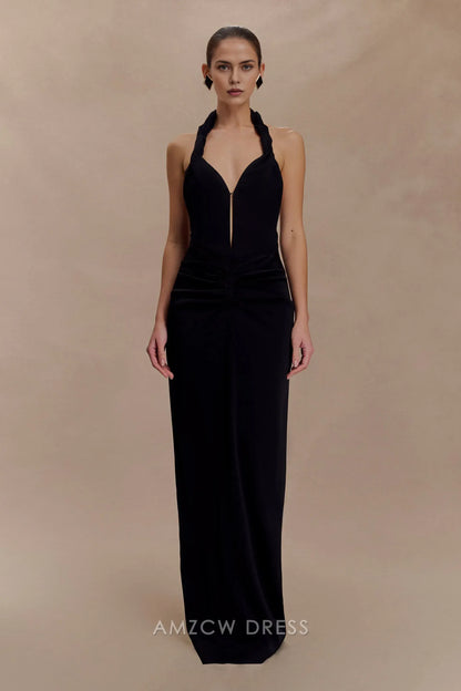 Elegant Halter Neck Plunging V - Neck Maxi Dress with Open Back Prom Dress