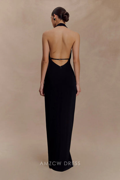 Elegant Halter Neck Plunging V - Neck Maxi Dress with Open Back Prom Dress