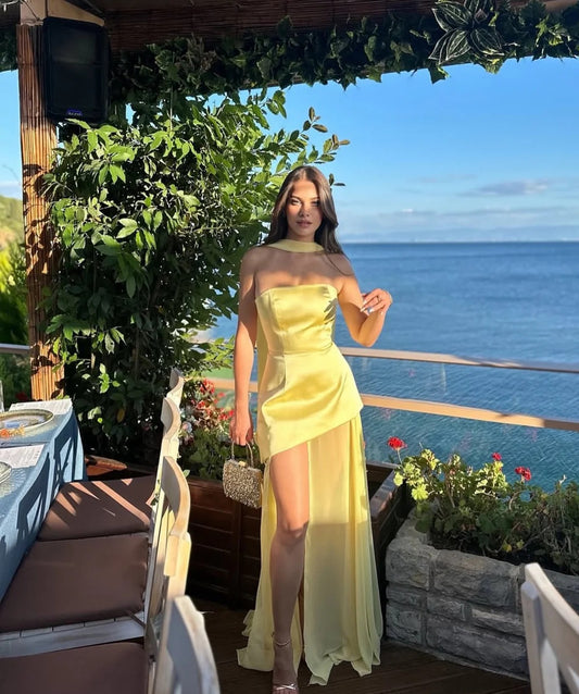 Elegant Halter Neck Satin Bodice Asymmetrical Chiffon High Slit Evening Dress