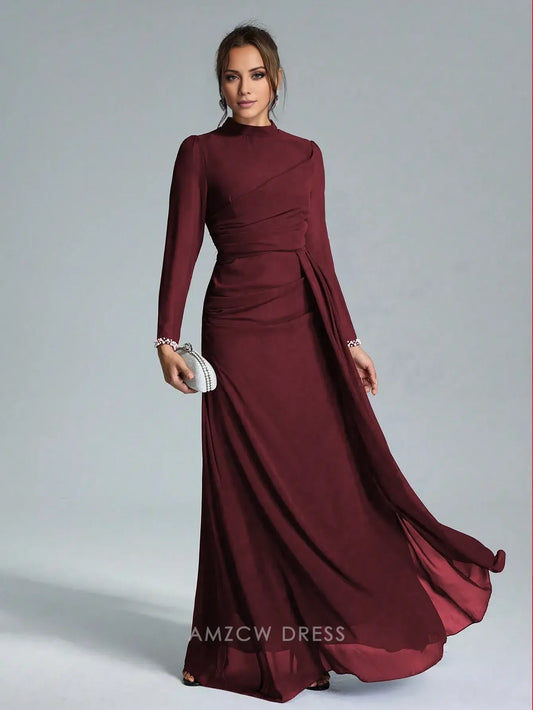 Elegant High Neck Long Sleeve Ruched Chiffon Maxi Dress with Pearl Cuffs Prom Dress