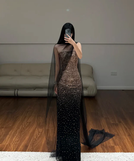 Elegant High Neck Ombre Sequin Tulle Cape Mermaid Maxi Prom Dress