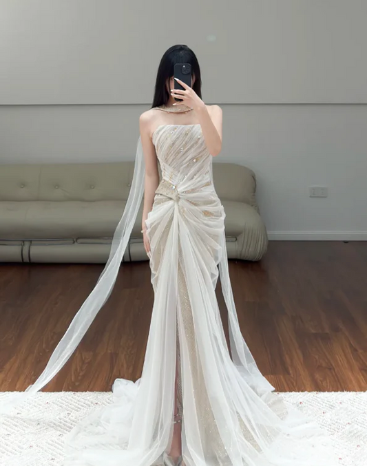 Elegant High Neck One Shoulder Beaded Tulle Mermaid Prom Dress with Cape
