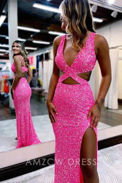 Amzcw Elegant Hot Pink Sequin Cross-Front Cutout Long Prom Dress with Slit