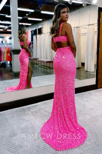 Amzcw Elegant Hot Pink Sequin Cross-Front Cutout Long Prom Dress with Slit