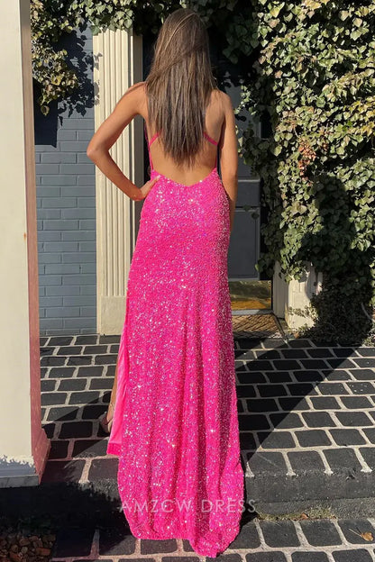 Amzcw Elegant Hot Pink Sequined V-Neck Backless Long Prom Dress