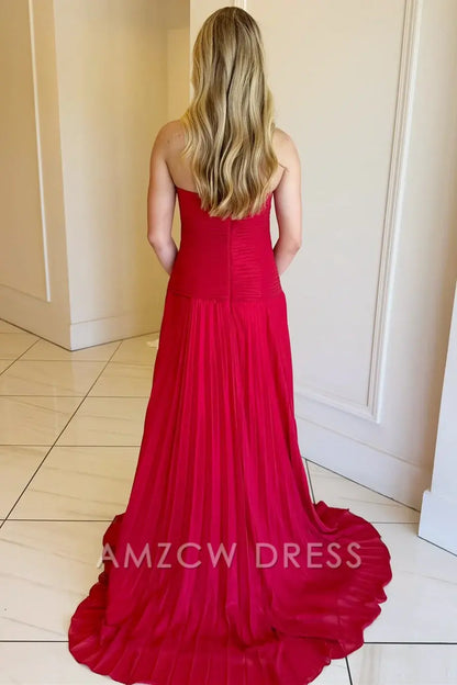 Amzcw Elegant Red Strapless Keyhole Pleated A-Line Prom Dress