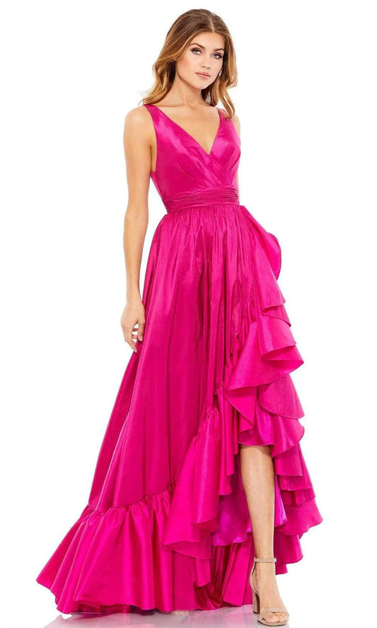 Elegant Hot Pink Taffeta V-Neck Sleeveless Ruched Waist Asymmetric Ruffle Hem A-Line Train Prom Dress