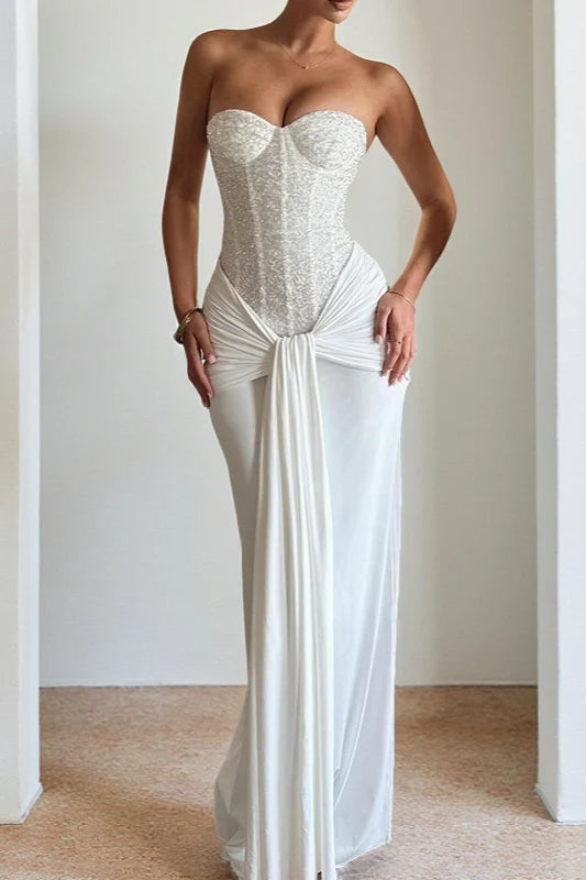 Elegant Ivory Strapless Gown with Crystal Embellished Corset and Ruched Skirt: Prom Dress