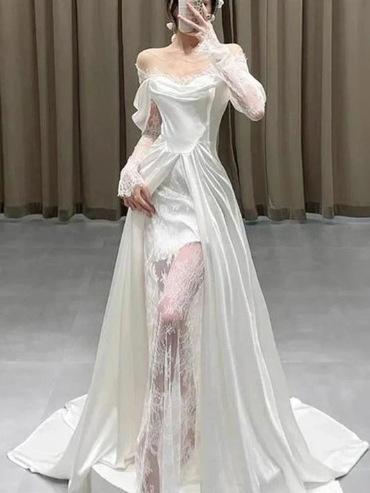 Elegant Lace-Trimmed Off-Shoulder Sheer-Panel High-Slit Train Prom Dress