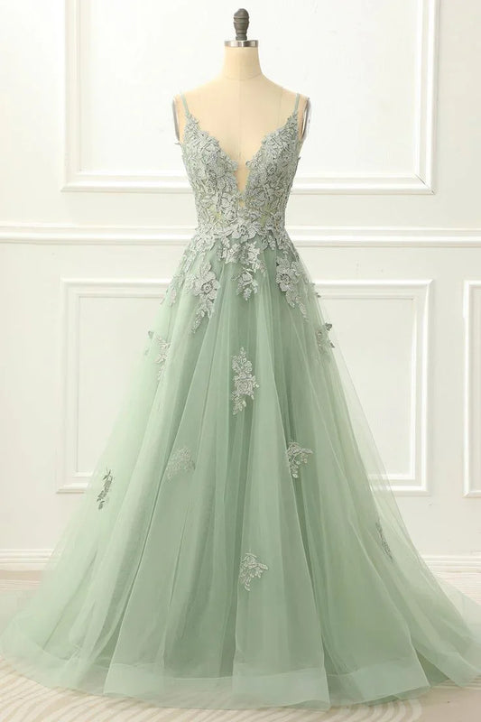 Elegant Lace V-neck Spaghetti-strap Crisscross-back Floor-length Prom Dress