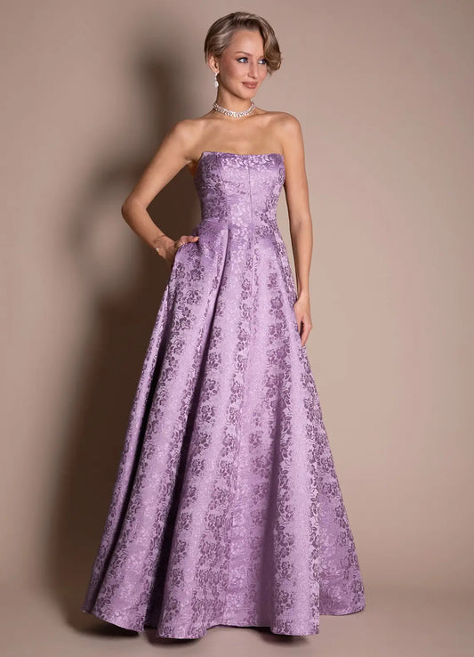 Elegant Lavender Floral Jacquard Strapless Sweetheart Neck A-Line Maxi Dress Prom Dress