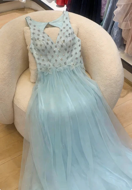 Elegant Light Blue Halter Neck Prom Dress With Crystal Beaded Bodice And Flowy Tulle A Line Skirt For Formal Evening Party