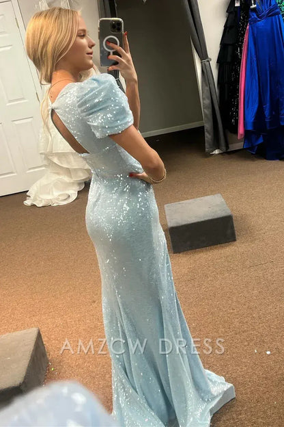 Amzcw Elegant Light Blue Sequin Puff Sleeve V-Neck Mermaid Maxi Dress with Slit