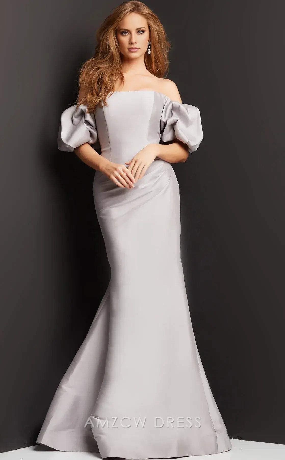 Elegant Light Gray Satin Off-the-Shoulder Puff Sleeve Ruched Mermaid Formal Gown Prom Dress
