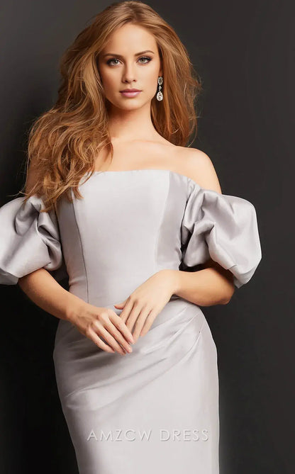 Elegant Light Gray Satin Off-the-Shoulder Puff Sleeve Ruched Mermaid Formal Gown Prom Dress