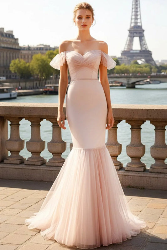 Elegant Light Pink Mermaid Off-The-Shoulder Puff Sleeve Zipper Back Tulle Long Prom Dresses