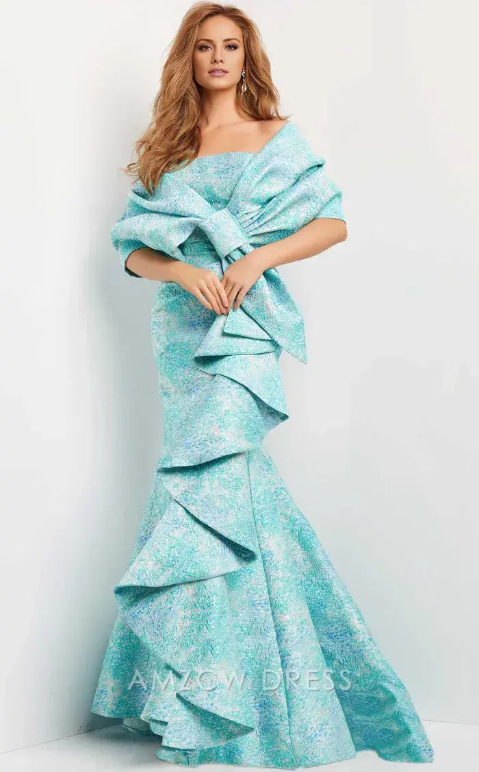 Elegant Light Turquoise Textured Fabric Off-the-Shoulder Oversized Bow Tiered Ruffled Mermaid Formal Gown Prom Dress