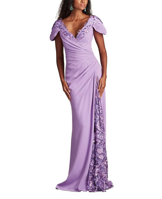 Elegant Lilac Chiffon Lace Applique Cold-Shoulder Mermaid Prom Dress