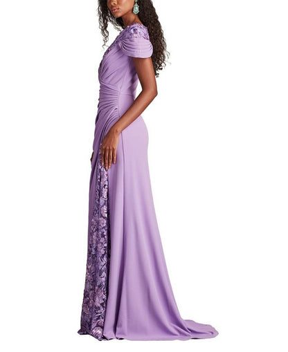 Elegant Lilac Chiffon Lace Applique Cold-Shoulder Mermaid Prom Dress