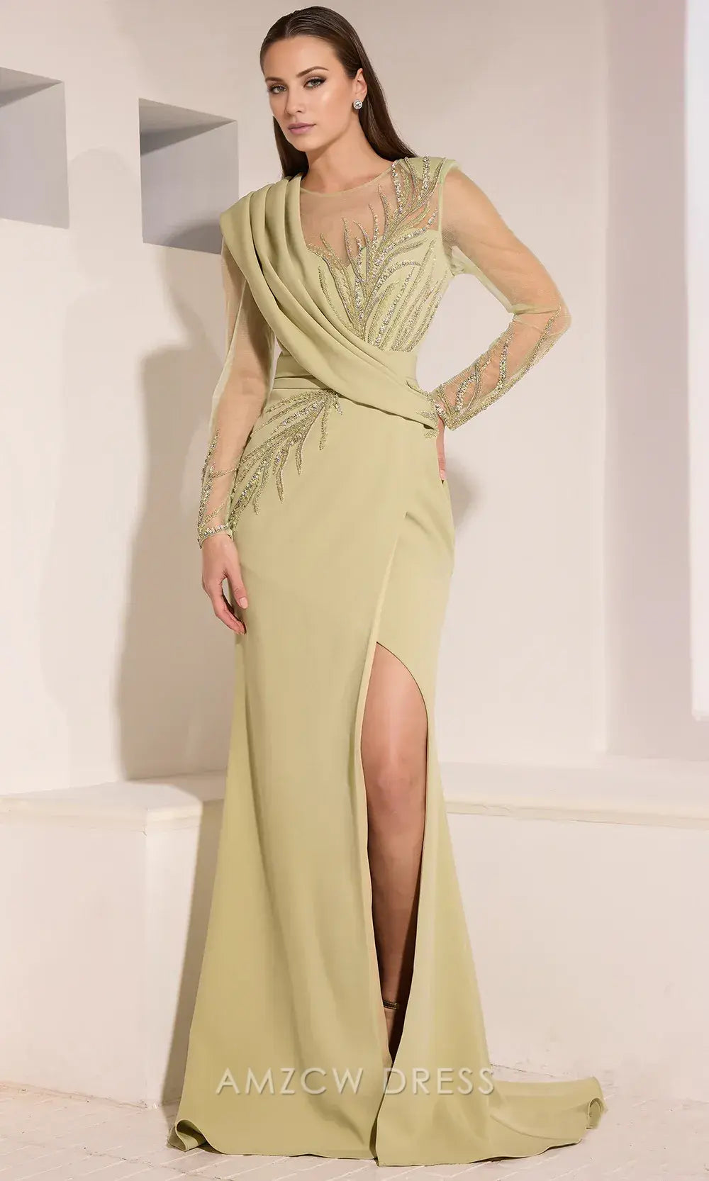 Elegant Long-Sleeve Illusion Neck Beaded Draped Slit Maxi Dress Prom Dress