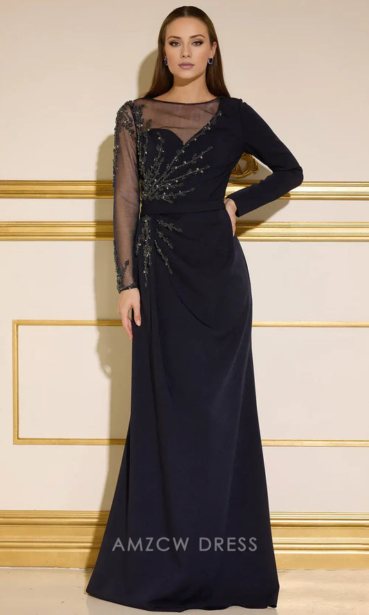 Elegant Long-Sleeve Illusion Neck Beaded Trumpet Maxi Dress Prom Dress