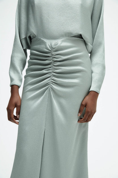 Elegant Long Sleeve Boat Neck Ruched Waist Keyhole Back Satin Evening Dress