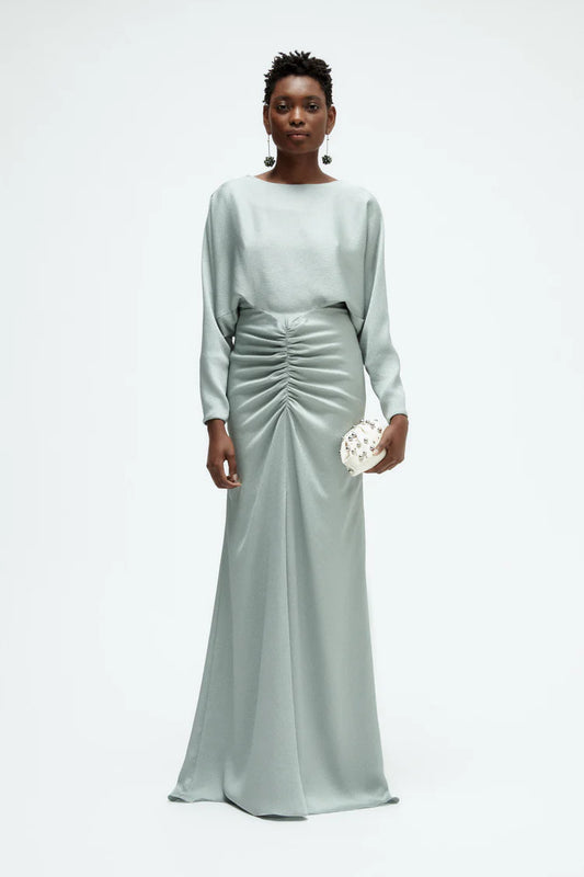 Elegant Long Sleeve Boat Neck Ruched Waist Keyhole Back Satin Evening Dress