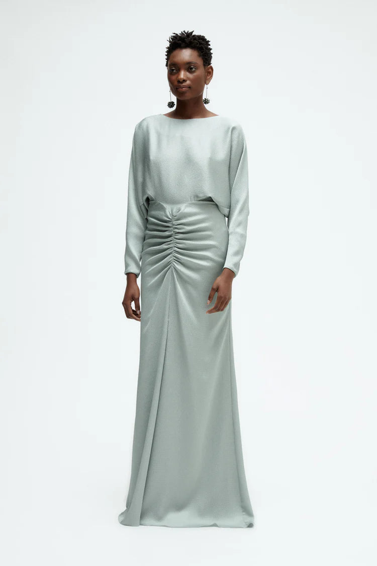 Elegant Long Sleeve Boat Neck Ruched Waist Keyhole Back Satin Evening Dress