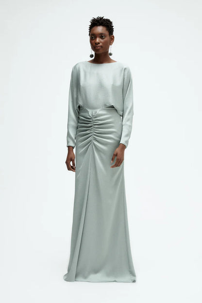 Elegant Long Sleeve Boat Neck Ruched Waist Keyhole Back Satin Evening Dress