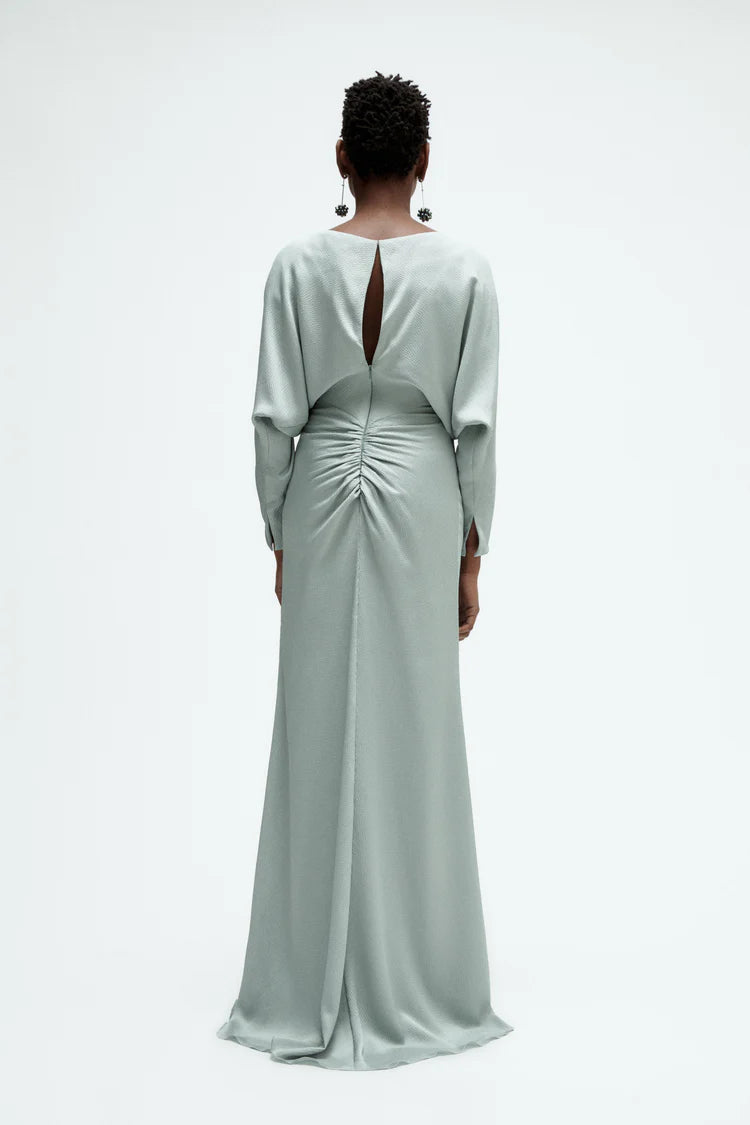 Elegant Long Sleeve Boat Neck Ruched Waist Keyhole Back Satin Evening Dress