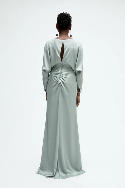 Elegant Long Sleeve Boat Neck Ruched Waist Keyhole Back Satin Evening Dress