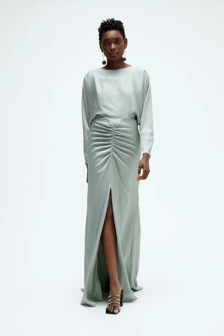 Elegant Long Sleeve Boat Neck Ruched Waist Keyhole Back Satin Evening Dress