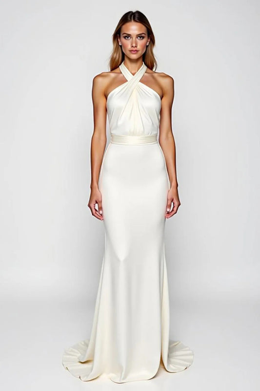 Elegant Mermaid Halter Cross-Front Satin Prom Dress