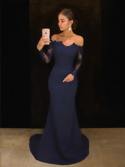 Elegant Mermaid Off-Shoulder Long-Sleeve Lace Back Train-Length Evening Dresses
