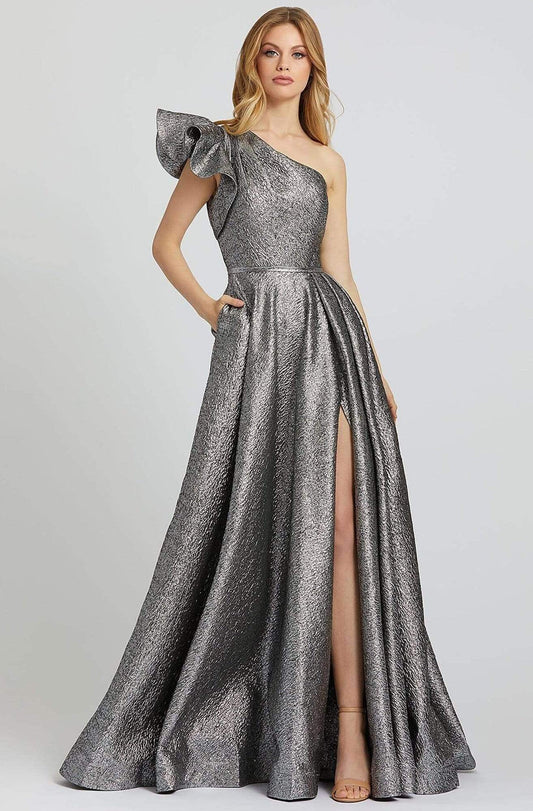 Elegant Metallic One-Shoulder Ruffle-Detail A-Line Maxi Dress with Pockets and Train Prom Dress
