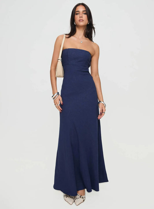 Elegant Navy Blue A-Line Strapless Neck Sleeveless Cutout Back Floor Length Prom Dresses