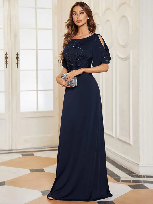 Elegant Navy Blue Plus size Boat Neck Flutter Sleeve Beaded Ruched Column Maxi Dress Prom Dress