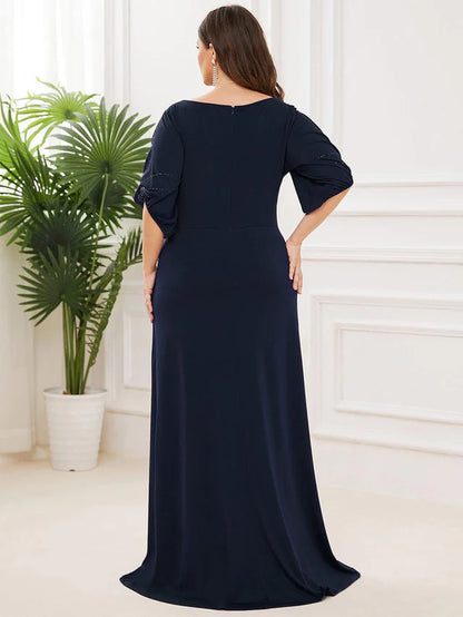 Elegant Navy Blue Plus size Boat Neck Flutter Sleeve Beaded Ruched Column Maxi Dress Prom Dress