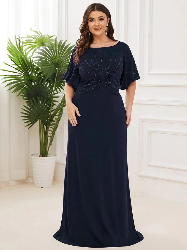 Elegant Navy Blue Plus size Boat Neck Flutter Sleeve Beaded Ruched Column Maxi Dress Prom Dress