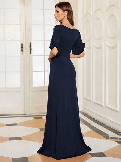 Elegant Navy Blue Plus size Boat Neck Flutter Sleeve Beaded Ruched Column Maxi Dress Prom Dress