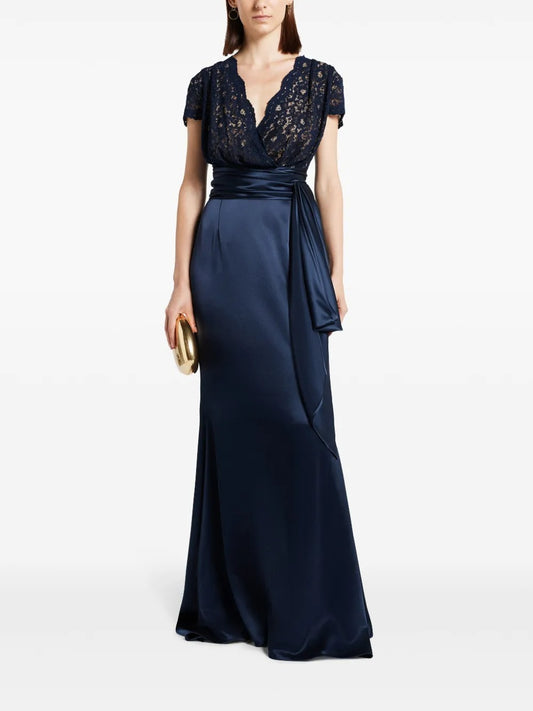 Elegant Navy Blue Lace & Satin V-Neck Prom Dress