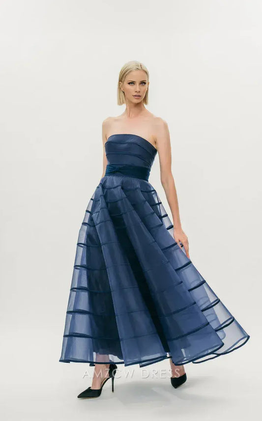 Elegant Navy Blue Strapless Ruched Bodice Tiered Organza Tea-Length Ball Gown Prom Dress