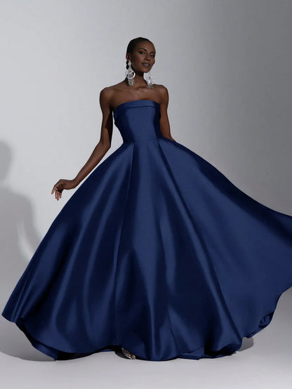 Elegant Navy Blue Strapless Satin Ballgown Floor-Length Formal Gown with Lace-Up Back Detail Prom Dress
