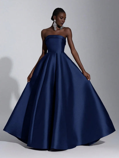 Elegant Navy Blue Strapless Satin Ballgown Floor-Length Formal Gown with Lace-Up Back Detail Prom Dress