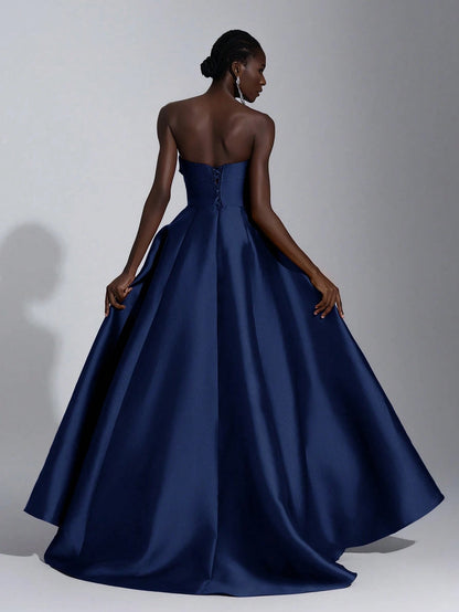 Elegant Navy Blue Strapless Satin Ballgown Floor-Length Formal Gown with Lace-Up Back Detail Prom Dress