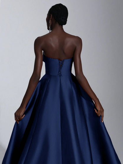 Elegant Navy Blue Strapless Satin Ballgown Floor-Length Formal Gown with Lace-Up Back Detail Prom Dress