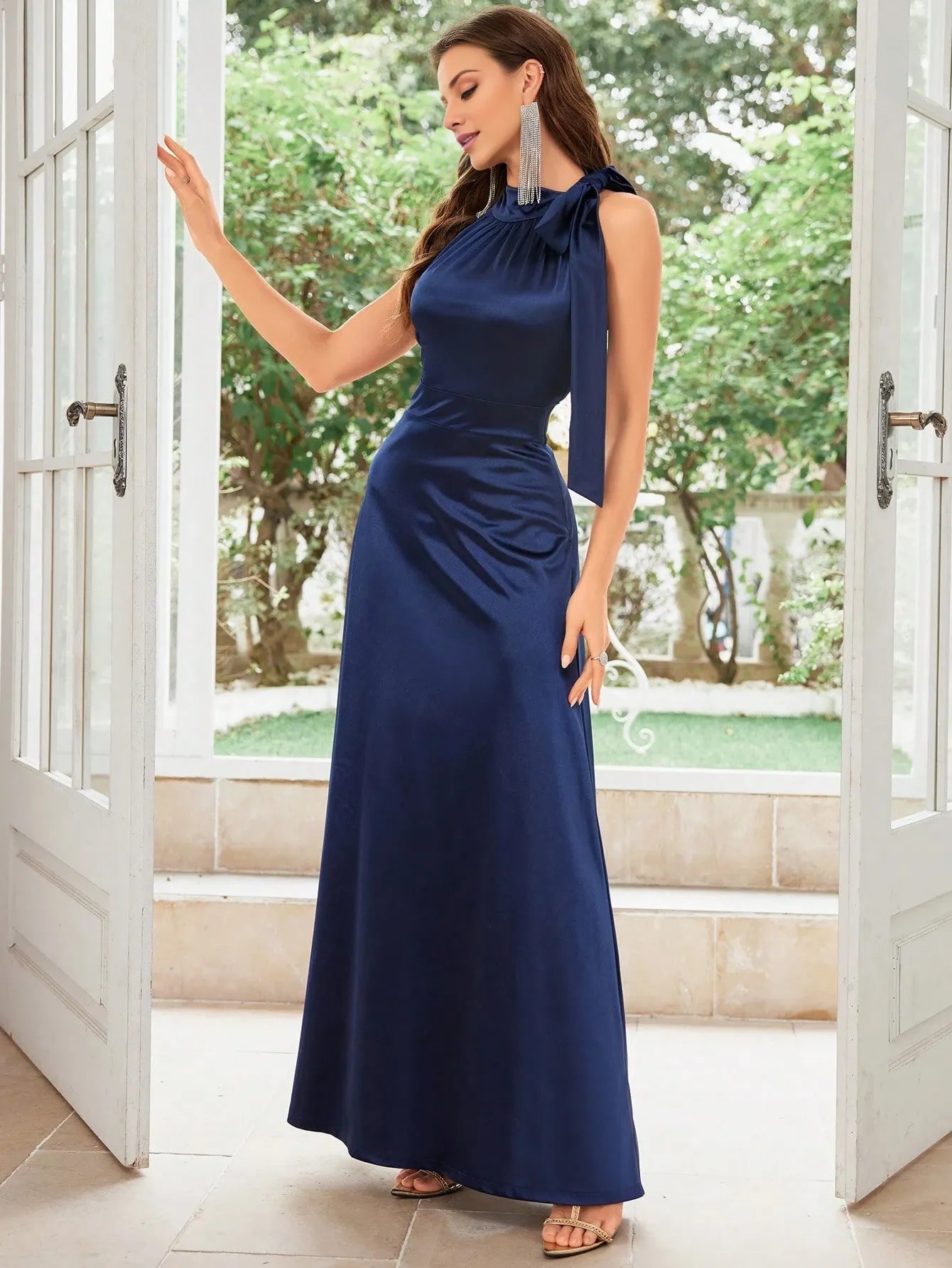 Elegant Navy Satin Halter Neck Bow-Accent Fitted Floor-Length Maxi Dress Prom Dress