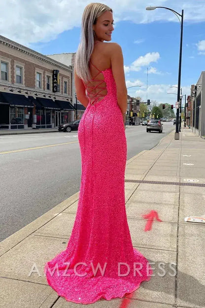 Amzcw Elegant Neon Pink Sequin Mermaid Long Formal Dress